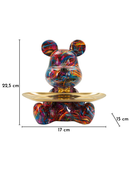 Statuette design Pop Art Ourson A avec plateau Hauteur 22 cm Résine Multicolore Doré Motif lignes Psyco 