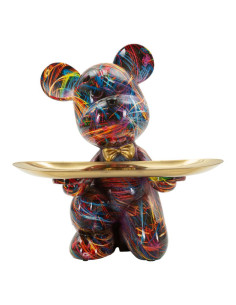 Statuette design Pop Art Ourson B avec plateau Hauteur 22 cm Résine Multicolore Doré Motif lignes Psyco 