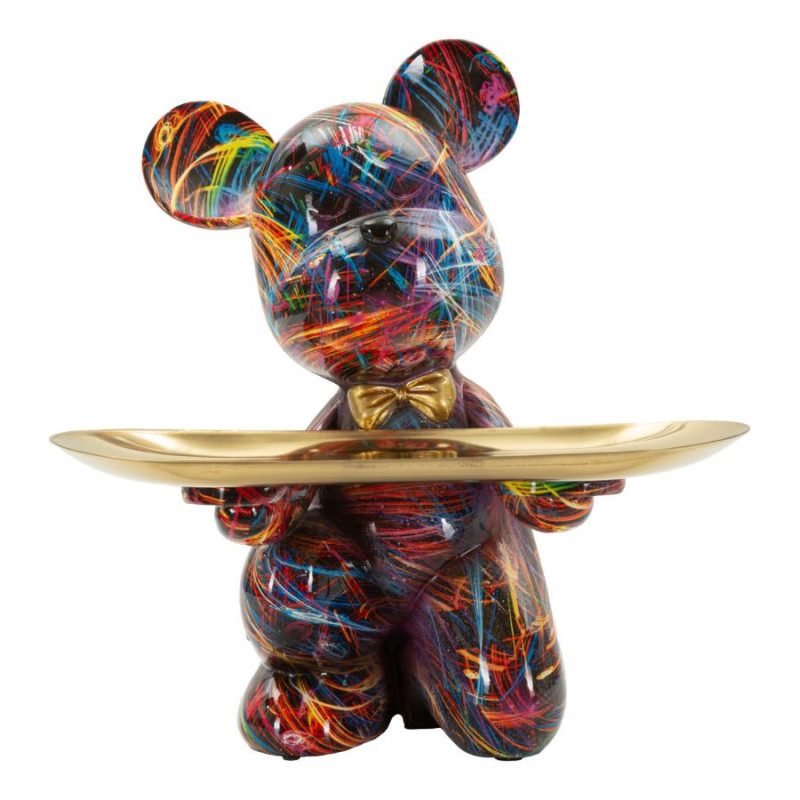 Statuette design Pop Art Ourson B avec plateau Hauteur 22 cm Résine Multicolore Doré Motif lignes Psyco 