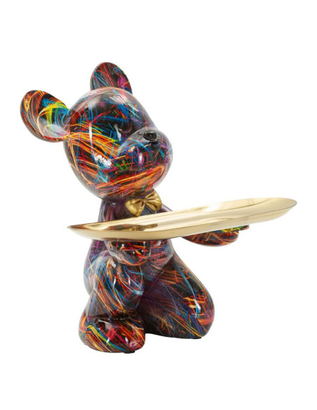 Statuette design Pop Art Ourson B avec plateau Hauteur 22 cm Résine Multicolore Doré Motif lignes Psyco 
