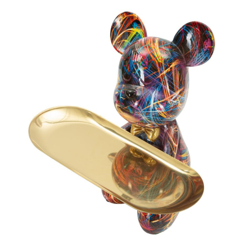 Statuette design Pop Art Ourson B avec plateau Hauteur 22 cm Résine Multicolore Doré Motif lignes Psyco 
