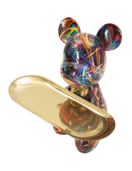 Statuette design Pop Art Ourson B avec plateau Hauteur 22 cm Résine Multicolore Doré Motif lignes Psyco 