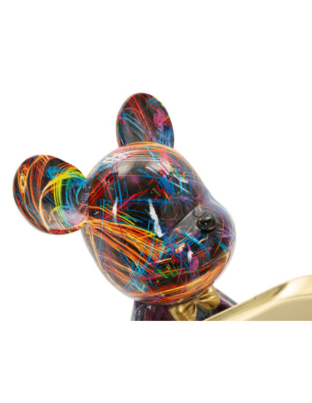 Statuette design Pop Art Ourson B avec plateau Hauteur 22 cm Résine Multicolore Doré Motif lignes Psyco 