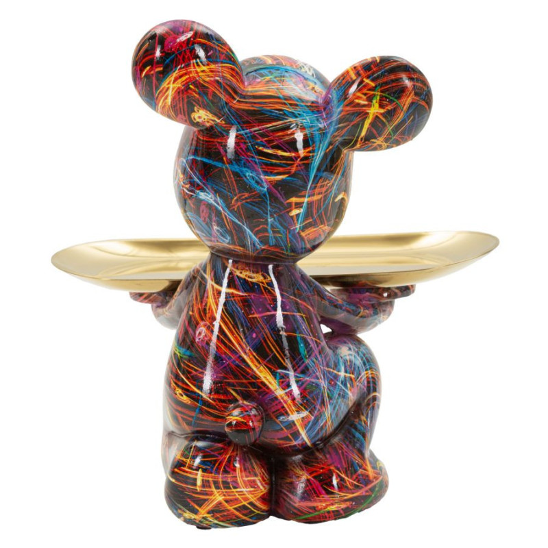 Statuette design Pop Art Ourson B avec plateau Hauteur 22 cm Résine Multicolore Doré Motif lignes Psyco 