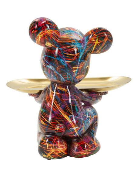 Statuette design Pop Art Ourson B avec plateau Hauteur 22 cm Résine Multicolore Doré Motif lignes Psyco 