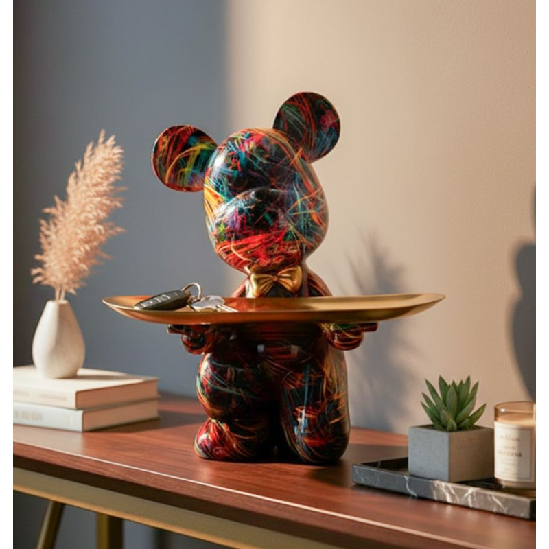 Statuette design Pop Art Ourson B avec plateau Hauteur 22 cm Résine Multicolore Doré Motif lignes Psyco 