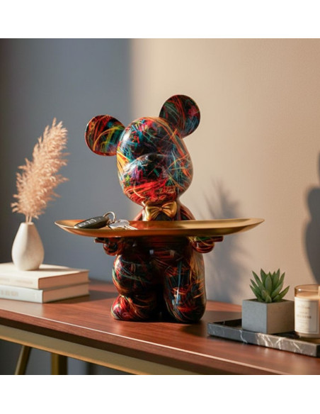 Statuette design Pop Art Ourson B avec plateau Hauteur 22 cm Résine Multicolore Doré Motif lignes Psyco 