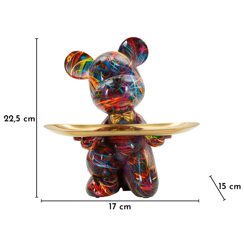 Statuette design Pop Art Ourson B avec plateau Hauteur 22 cm Résine Multicolore Doré Motif lignes Psyco 