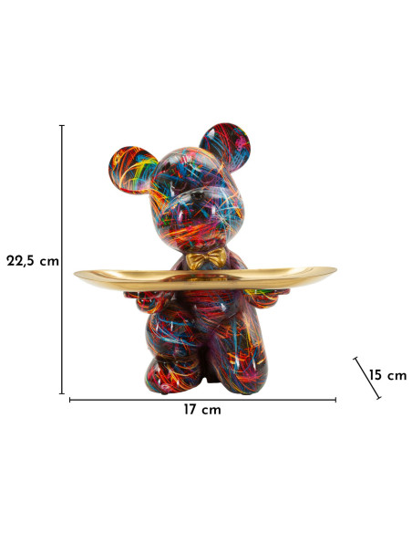 Statuette design Pop Art Ourson B avec plateau Hauteur 22 cm Résine Multicolore Doré Motif lignes Psyco 