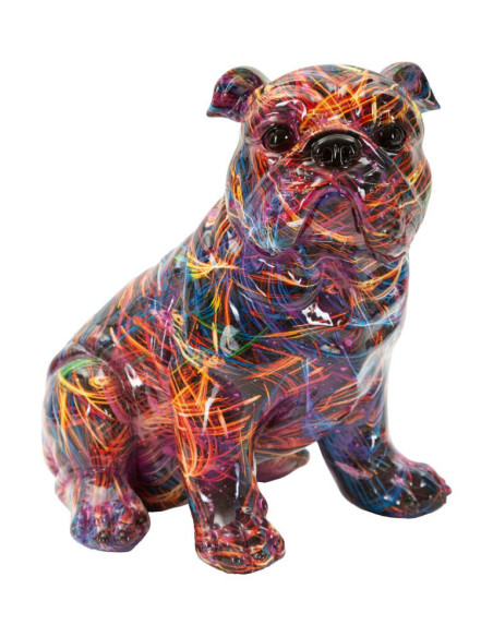 Statuette design Pop Art Chien Bulldog Hauteur 21 cm Résine Multicolore Motif lignes Psyco 