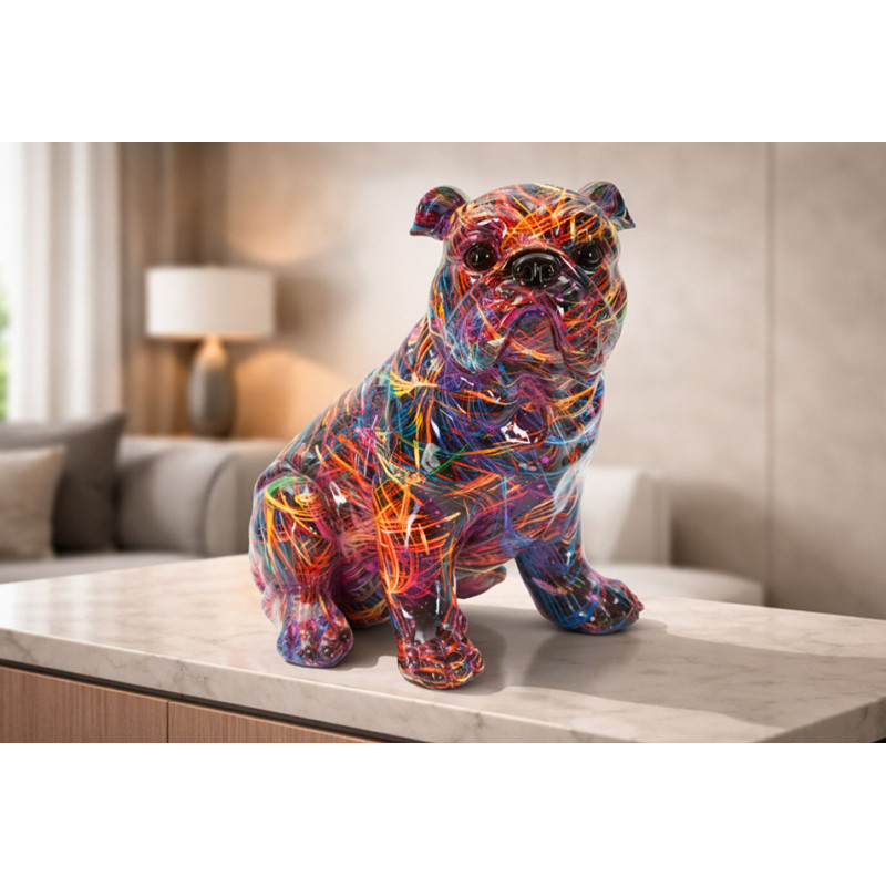 Statuette design Pop Art Chien Bulldog Hauteur 21 cm Résine Multicolore Motif lignes Psyco 
