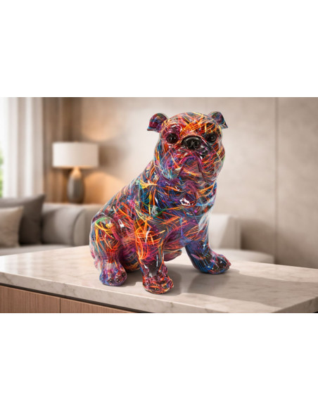 Statuette design Pop Art Chien Bulldog Hauteur 21 cm Résine Multicolore Motif lignes Psyco 