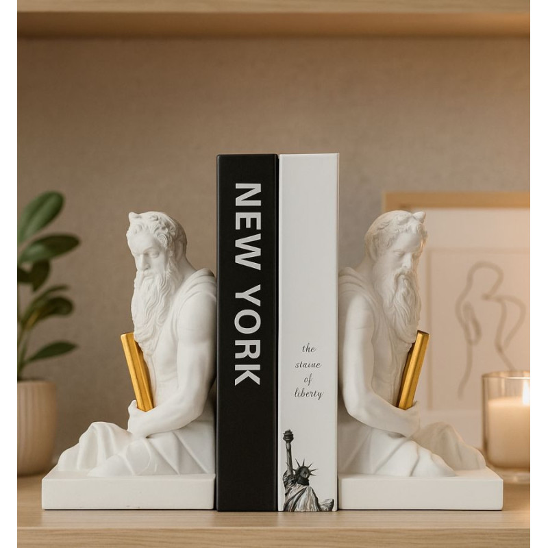 Serre Livre design Dieu Grec Hauteur 22 cm Résine Blanc Doré Poséidon 