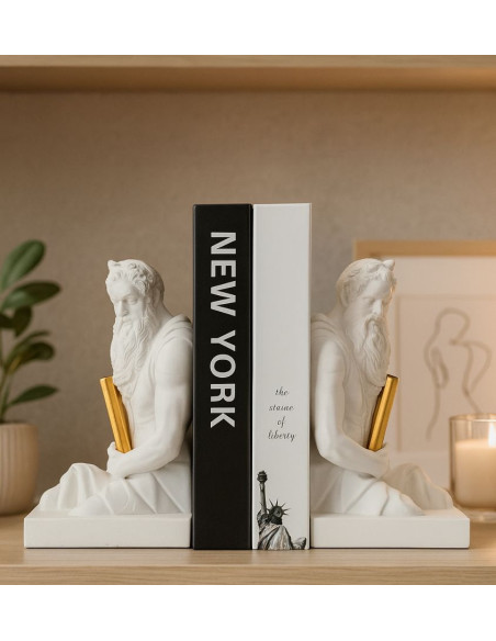 Serre Livre design Dieu Grec Hauteur 22 cm Résine Blanc Doré Poséidon 