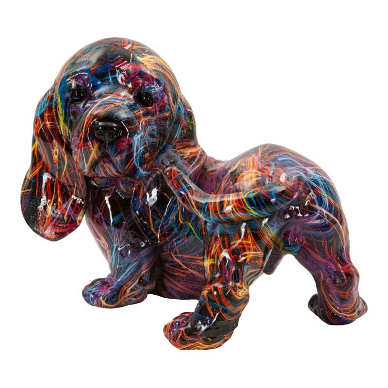 Statuette design Pop Art Chien Teckel 20 cm Résine Multicolore Motif lignes Psyco 