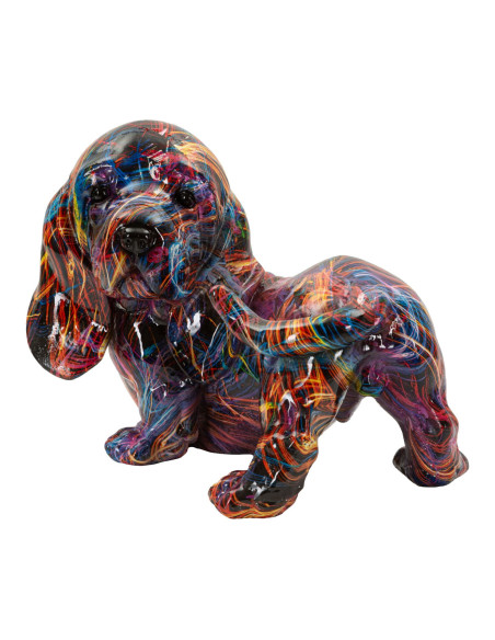 Statuette design Pop Art Chien Teckel 20 cm Résine Multicolore Motif lignes Psyco 