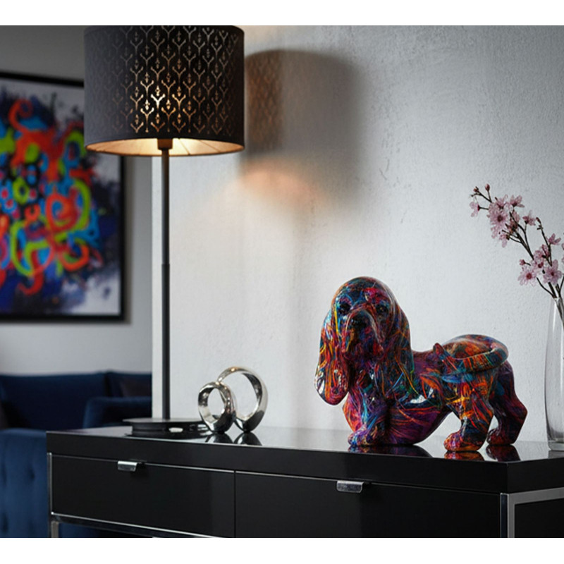 Statuette design Pop Art Chien Teckel 20 cm Résine Multicolore Motif lignes Psyco 
