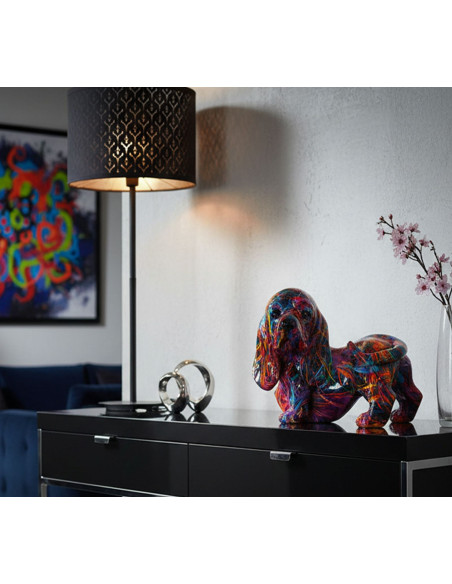 Statuette design Pop Art Chien Teckel 20 cm Résine Multicolore Motif lignes Psyco 