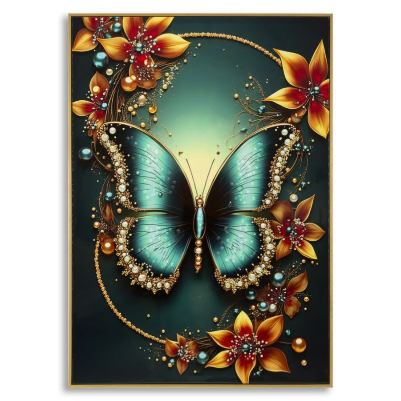 Grande Toile murale imprimée Papillon floral 70x100 cm Cadre doré Butterfly 