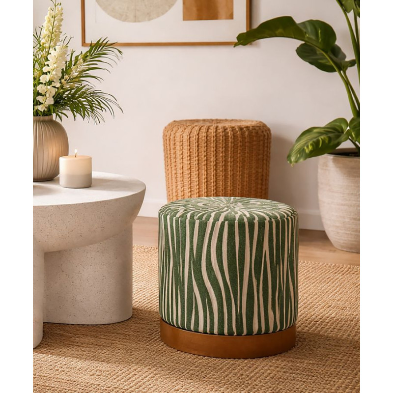 Pouf design chic Rond 40 cm Tissu Vert Beige Bois de sapin Naturel Éponge Savana 