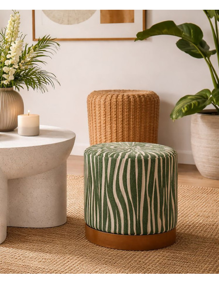 Pouf design chic Rond 40 cm Tissu Vert Beige Bois de sapin Naturel Éponge Savana 