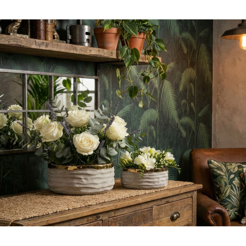 Lot de 2 cache-pots design Rond Céramique Gris Doré Lima 