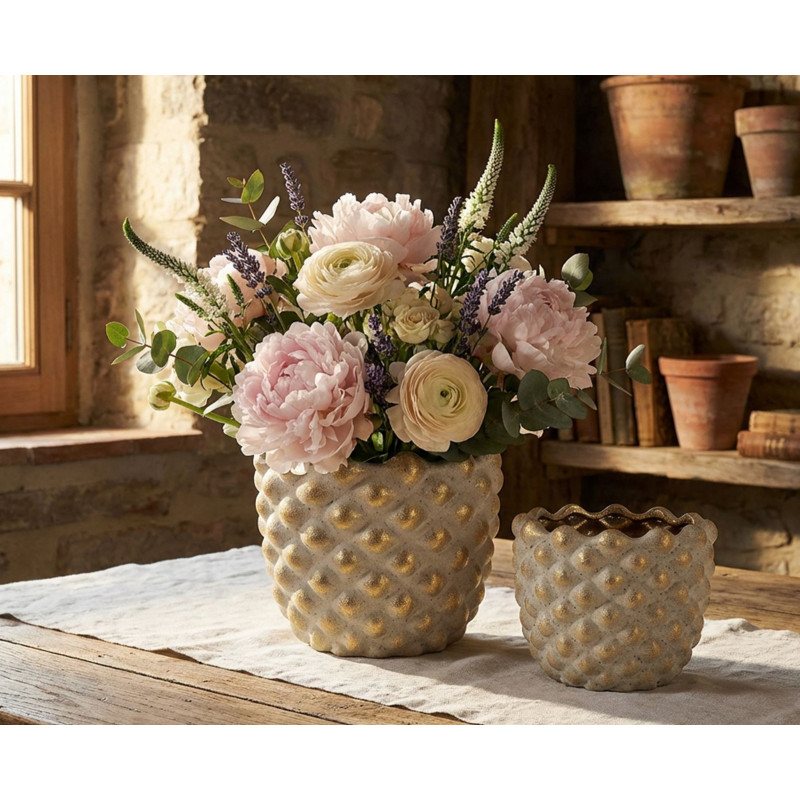 Lot de 2 cache-pots design Rond Céramique Gris Doré Pepitas 