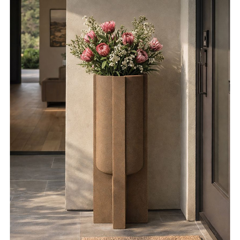 Grand Cache-pot de jardin Vase design Hauteur 101 cm Résine Marron Moai 