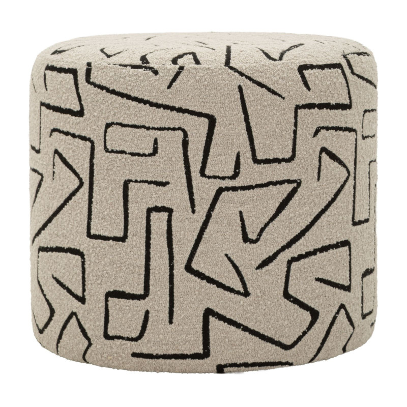 Pouf design style Memphis Rond 44 cm Tissu Beige Noir Motif ethnique Éponge Bois de pin Nairobi 