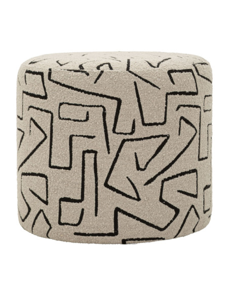 Pouf design style Memphis Rond 44 cm Tissu Beige Noir Motif ethnique Éponge Bois de pin Nairobi 