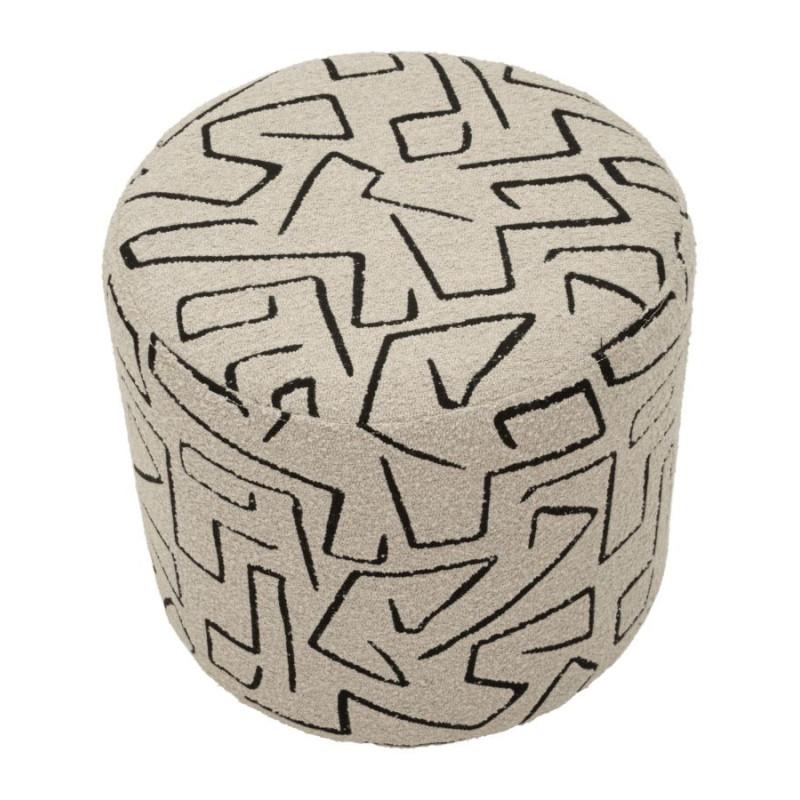Pouf design style Memphis Rond 44 cm Tissu Beige Noir Motif ethnique Éponge Bois de pin Nairobi 