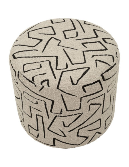 Pouf design style Memphis Rond 44 cm Tissu Beige Noir Motif ethnique Éponge Bois de pin Nairobi 