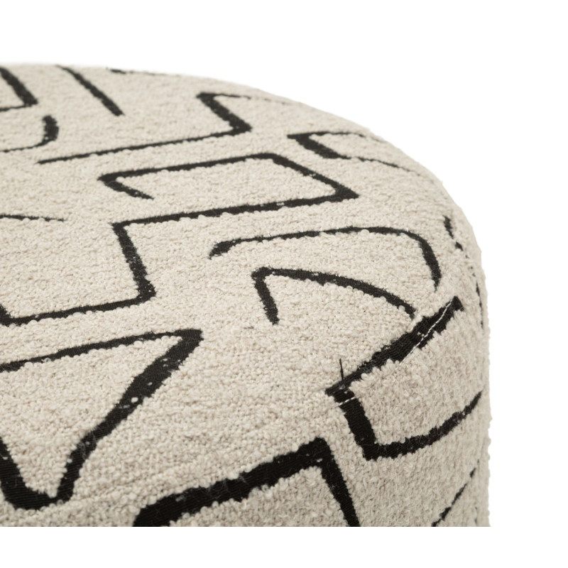 Pouf design style Memphis Rond 44 cm Tissu Beige Noir Motif ethnique Éponge Bois de pin Nairobi 