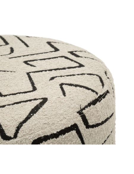 Pouf design style Memphis Rond 44 cm Tissu Beige Noir Motif ethnique Éponge Bois de pin Nairobi 