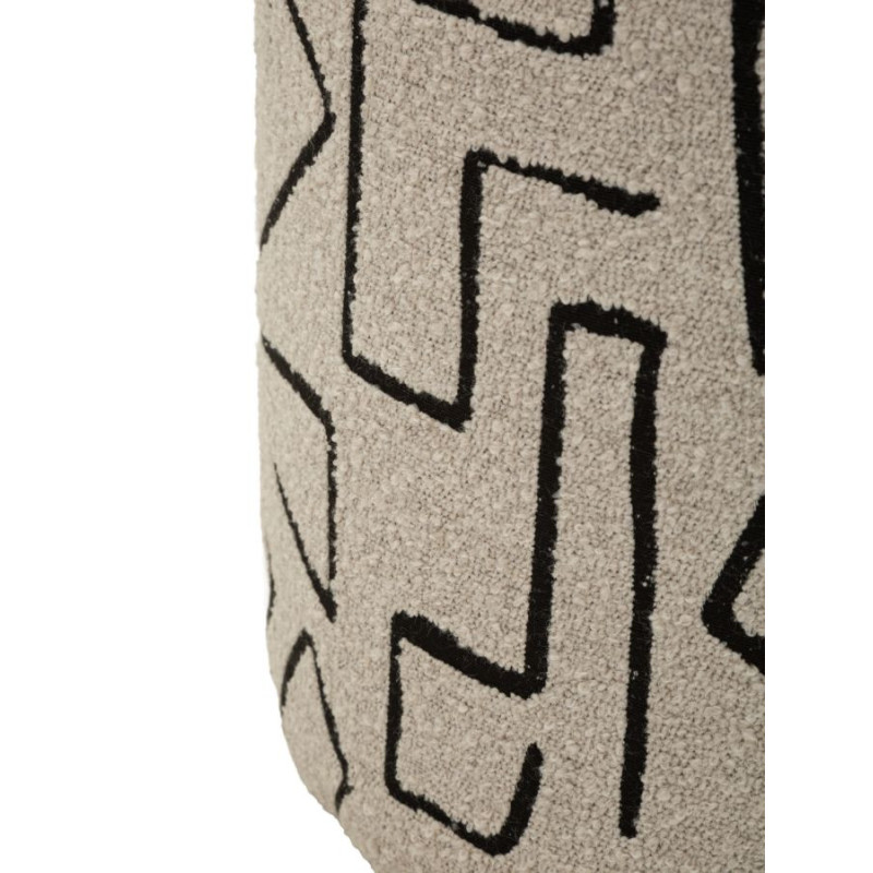 Pouf design style Memphis Rond 44 cm Tissu Beige Noir Motif ethnique Éponge Bois de pin Nairobi 