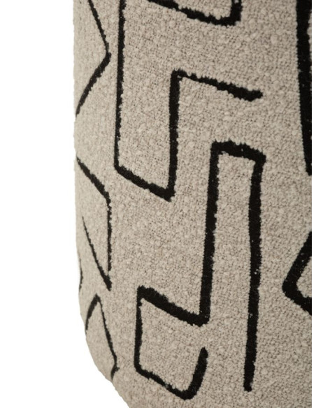 Pouf design style Memphis Rond 44 cm Tissu Beige Noir Motif ethnique Éponge Bois de pin Nairobi 