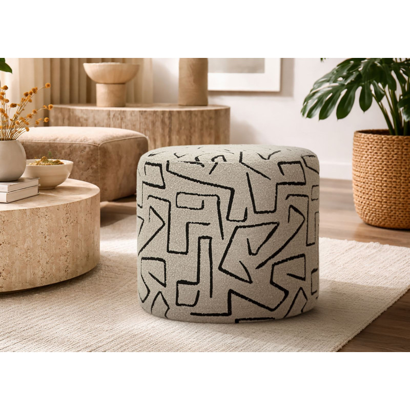 Pouf design style Memphis Rond 44 cm Tissu Beige Noir Motif ethnique Éponge Bois de pin Nairobi 