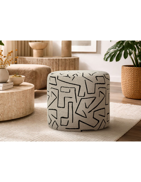 Pouf design style Memphis Rond 44 cm Tissu Beige Noir Motif ethnique Éponge Bois de pin Nairobi 