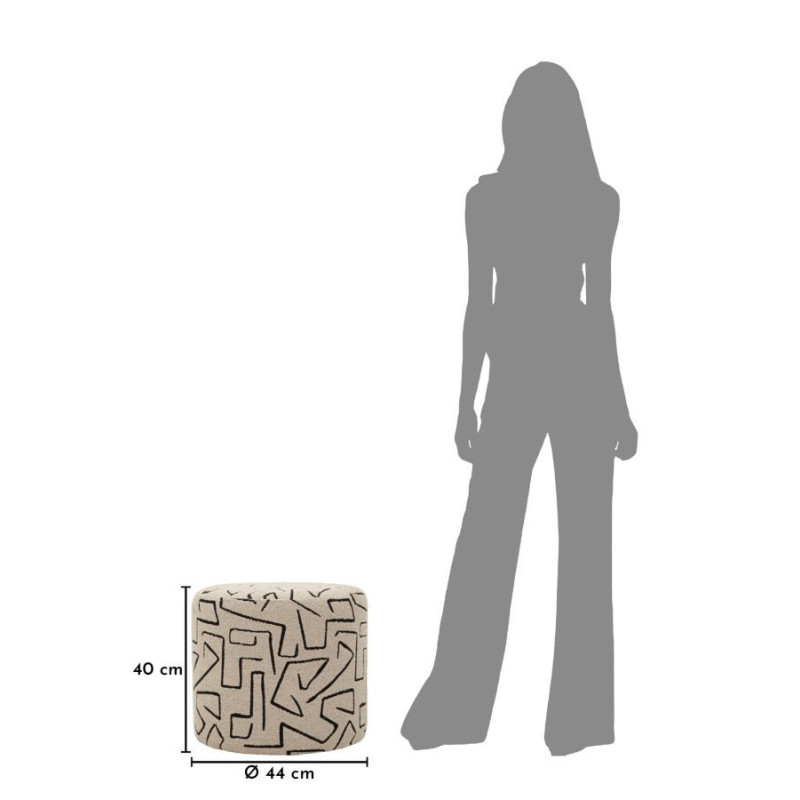 Pouf design style Memphis Rond 44 cm Tissu Beige Noir Motif ethnique Éponge Bois de pin Nairobi 