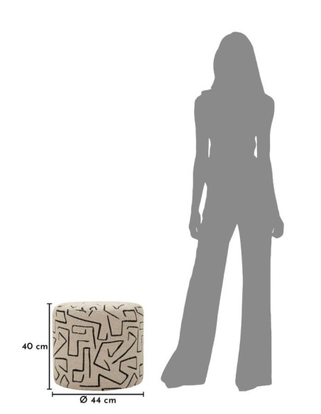 Pouf design style Memphis Rond 44 cm Tissu Beige Noir Motif ethnique Éponge Bois de pin Nairobi 
