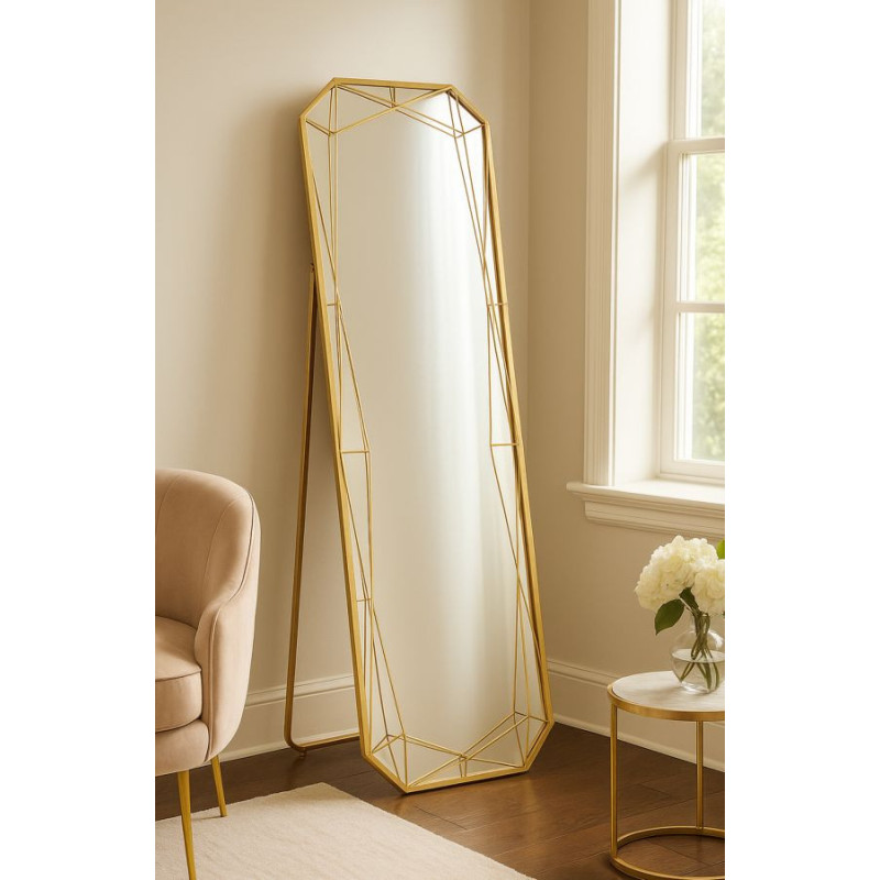 Grand Miroir sur pied design Octogonal 46x153 Métal Doré Gold 