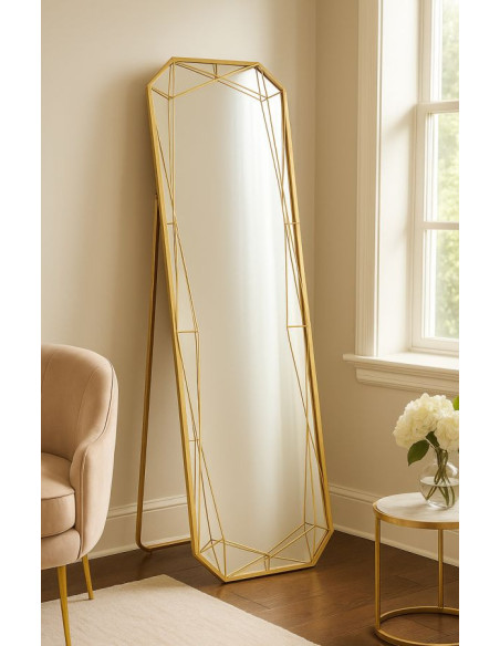Grand Miroir sur pied design Octogonal 46x153 Métal Doré Gold 