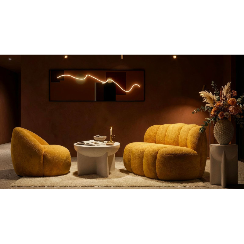 Canapé design Bouclette Arrondi 2 places 145 cm Tissu Jaune moutarde Bouclé Éponge Bois contreplaqué Ball 
