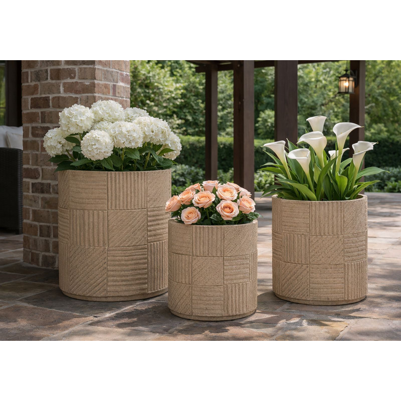 Lot de 3 cache-pots de jardin modernes Rond Résine Gris Motif carreaux Venezuela 