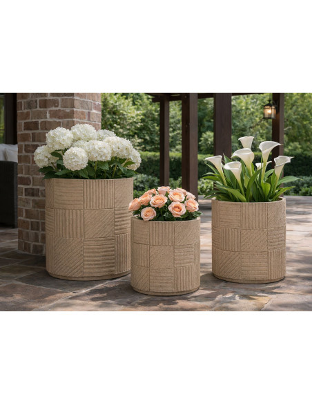 Lot de 3 cache-pots de jardin modernes Rond Résine Gris Motif carreaux Venezuela 