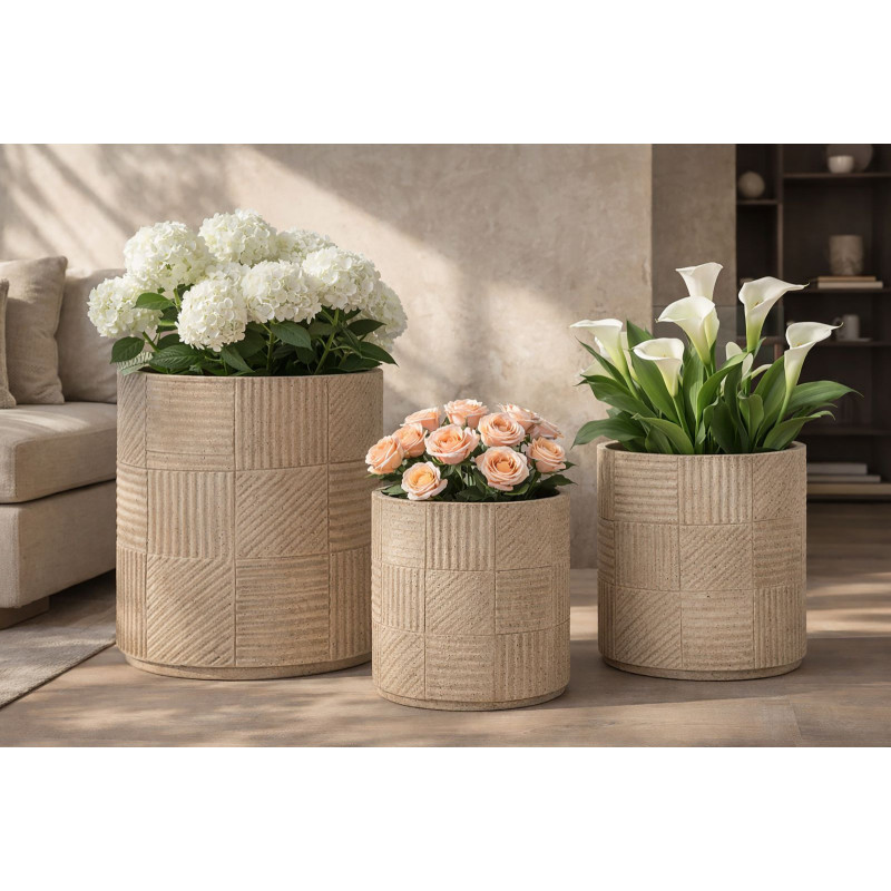 Lot de 3 cache-pots de jardin modernes Rond Résine Gris Motif carreaux Venezuela 