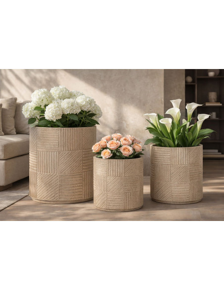 Lot de 3 cache-pots de jardin modernes Rond Résine Gris Motif carreaux Venezuela 