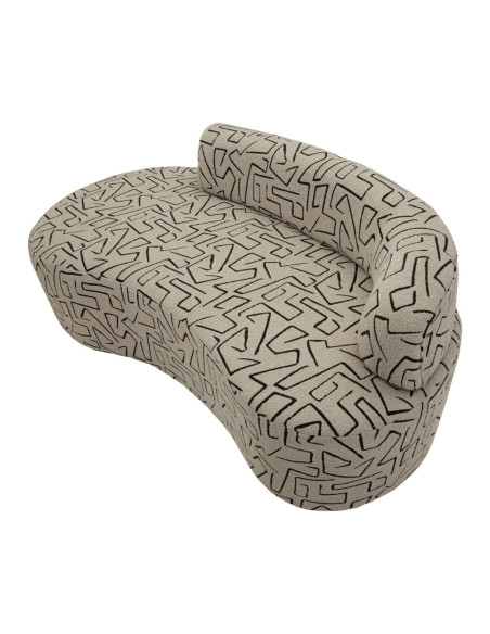 Canapé design style Memphis Arrondi 3 places 176 cm Tissu Beige Noir Motif ethnique Éponge Bois contreplaqué Nairobi 