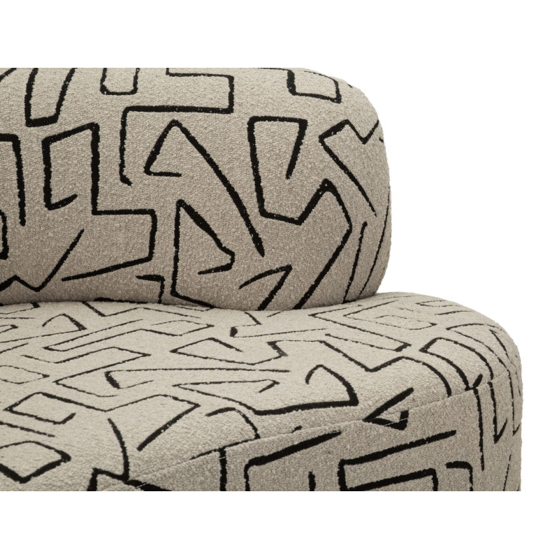 Canapé design style Memphis Arrondi 3 places 176 cm Tissu Beige Noir Motif ethnique Éponge Bois contreplaqué Nairobi 