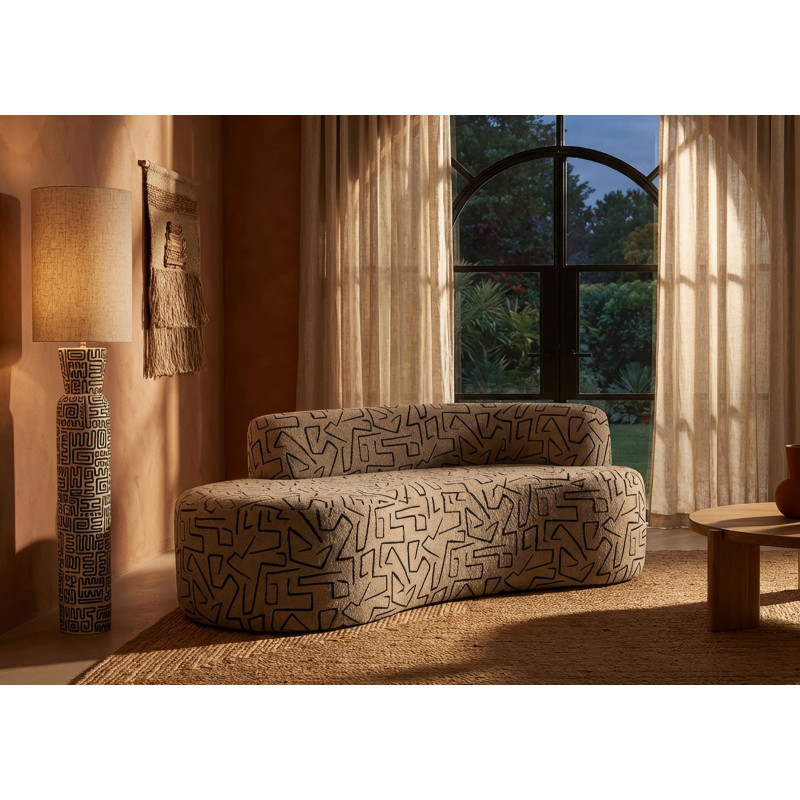 Canapé design style Memphis Arrondi 3 places 176 cm Tissu Beige Noir Motif ethnique Éponge Bois contreplaqué Nairobi 